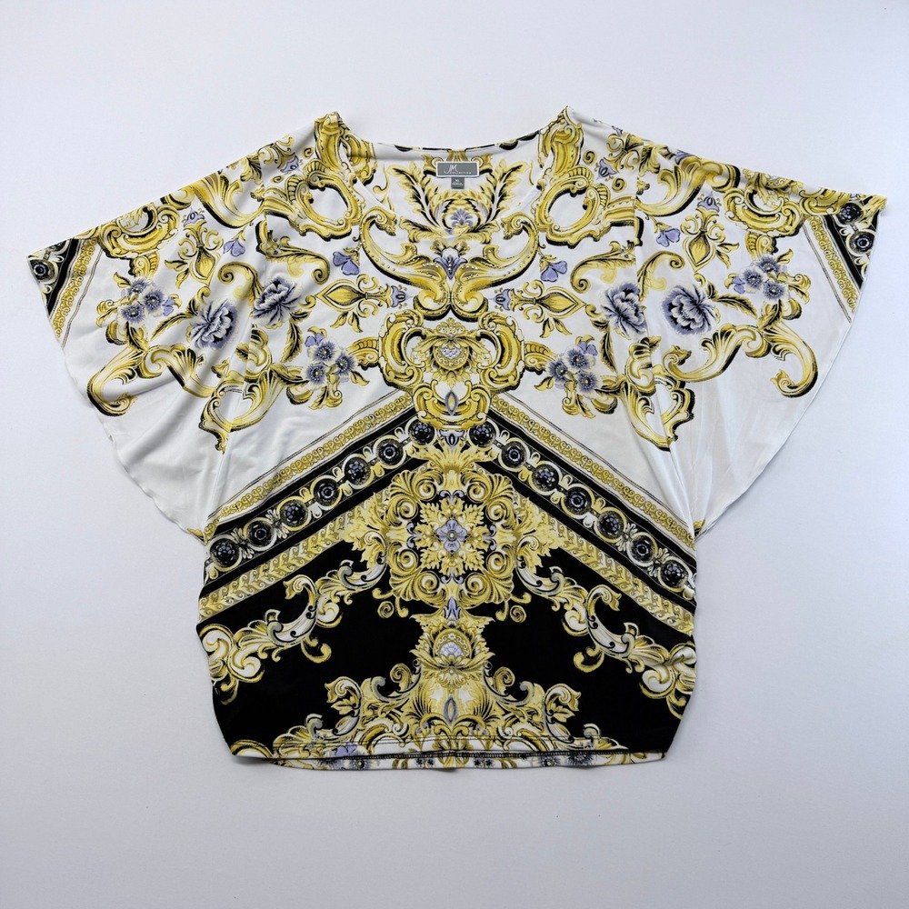 JM Collection Baroque Print Rhinestone Scoop Neck Dolman Sleeve Top XL Gold